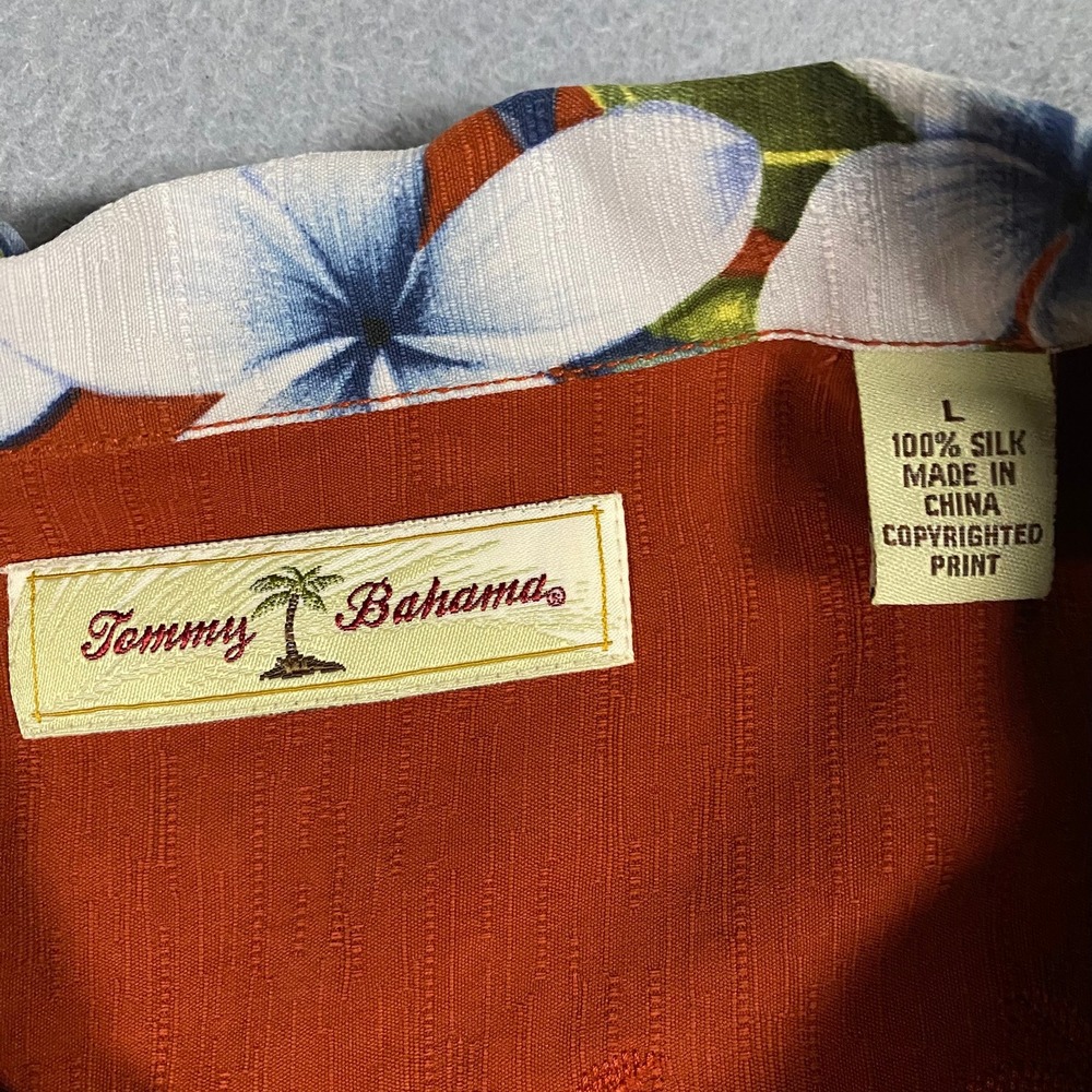 Tommy Bahama Mens Large 100% Silk Orange Tropical Hibiscus Palm Camp Shirt L - Picture 4 of 6